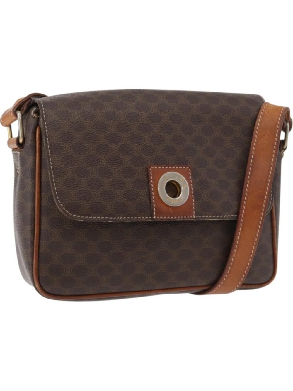 CELINE Macadam Canvas Circle Shoulder Bag PVC Leather Brown Gold